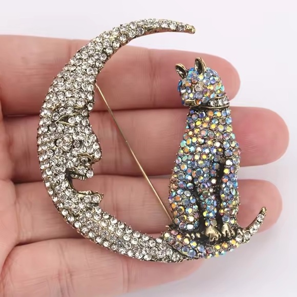 Betsey Johnson Crystal Cat Moon Brooch - Picture 11 of 16
